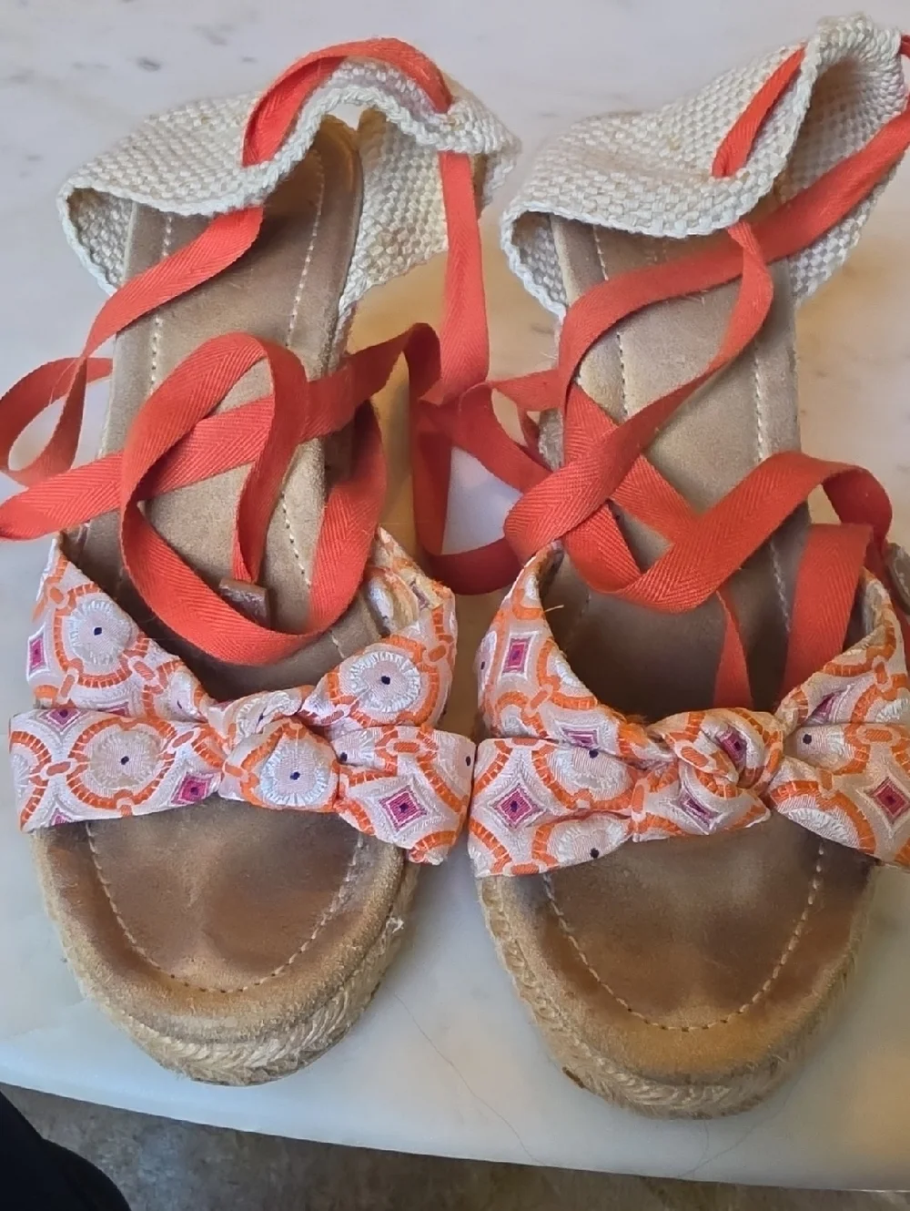 J. Crew Orange Patterned Espadrille Wedge Sandals w/ Orange Tie Straps Size 7.5